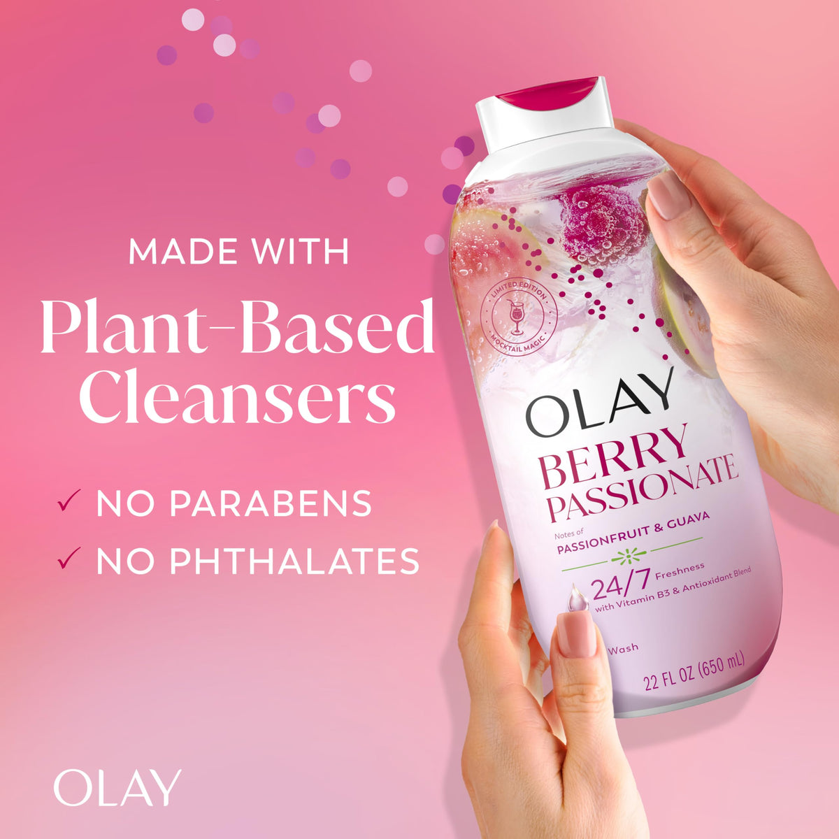 Olay bottle styled in a shower scene conveying tropical, refreshing experience