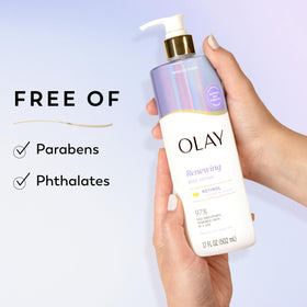 Olay bottle on bathroom shelf suggesting daily routine convenience