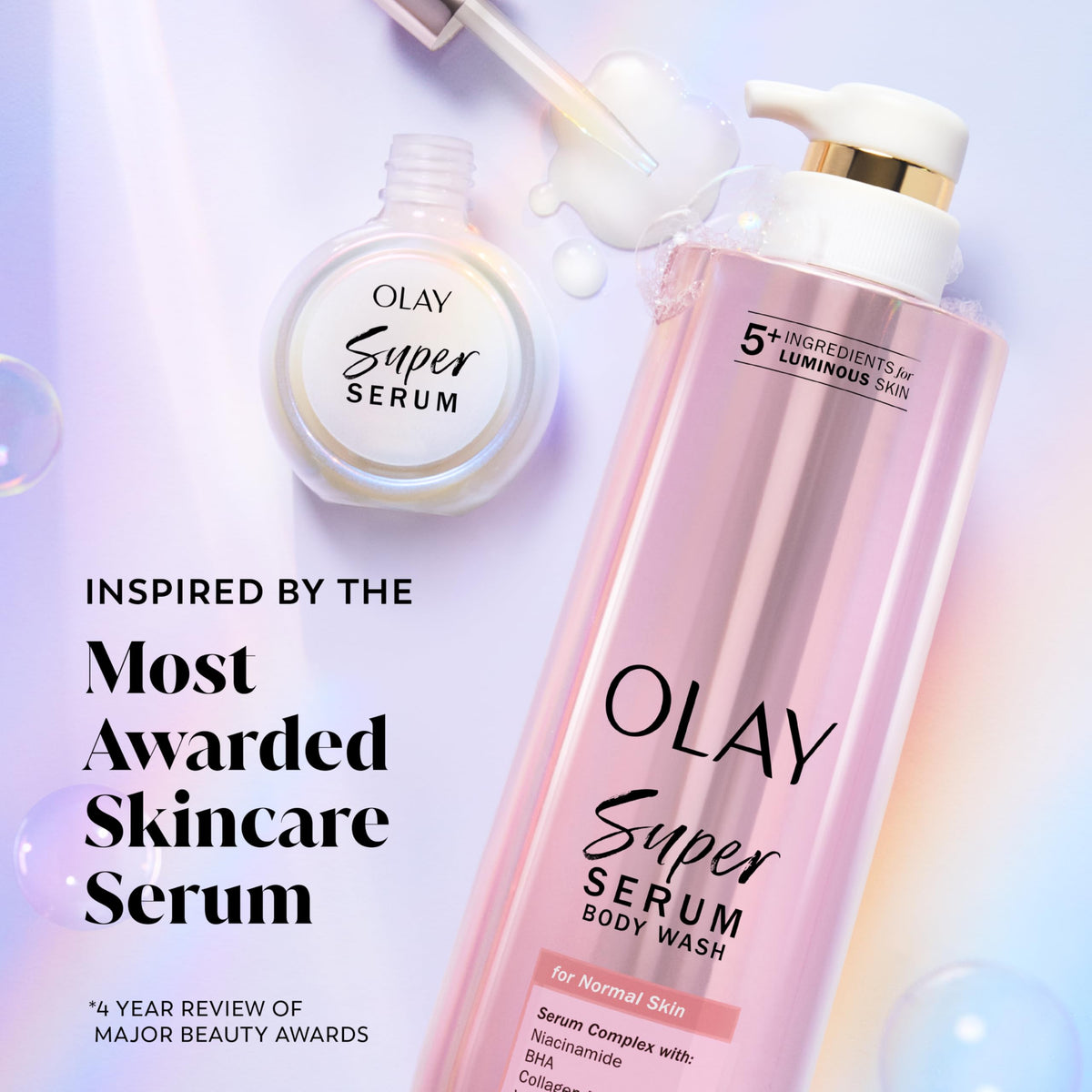 Olay bottle on shower shelf showing everyday bathroom use