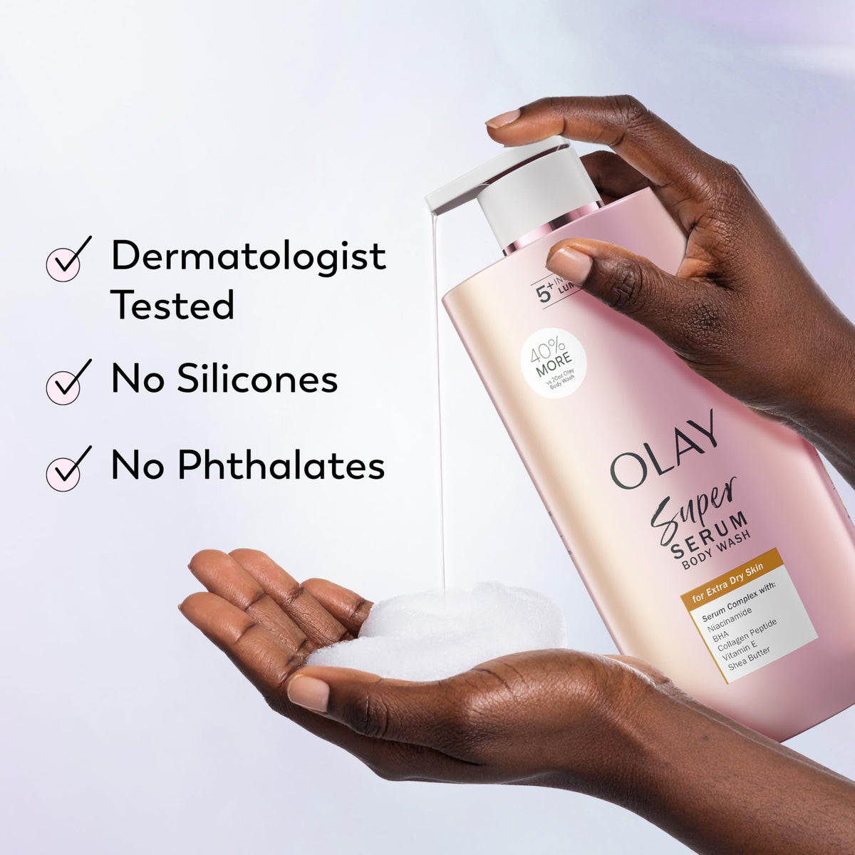 Olay bottle paired with Super Serum Body Lotion for layered care