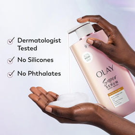 Olay bottle paired with Super Serum Body Lotion for layered care