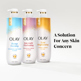 Olay bottle staged with towel showing everyday bathroom routine benefit