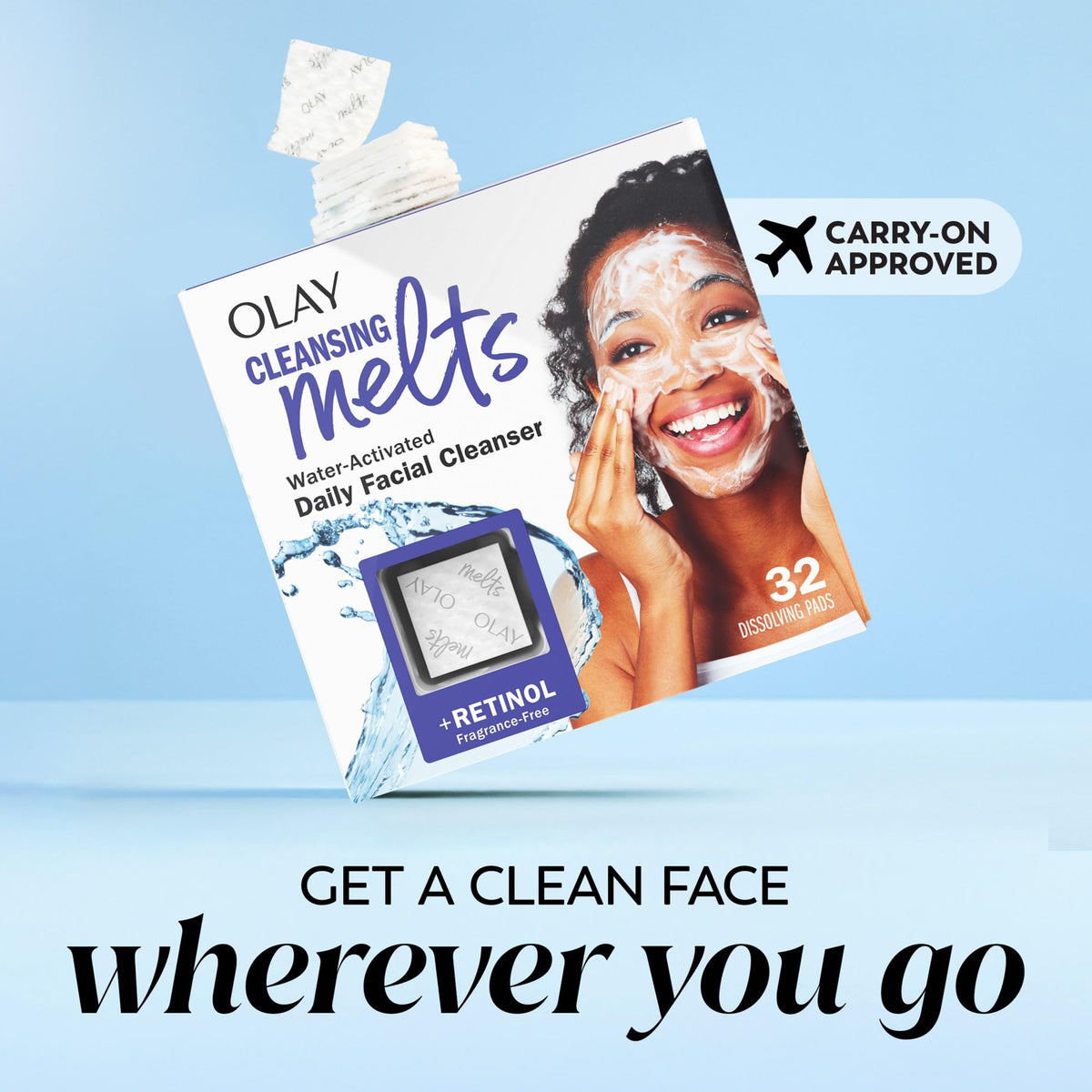 Olay cleansing melts styled on bathroom counter showing everyday routine and easy access