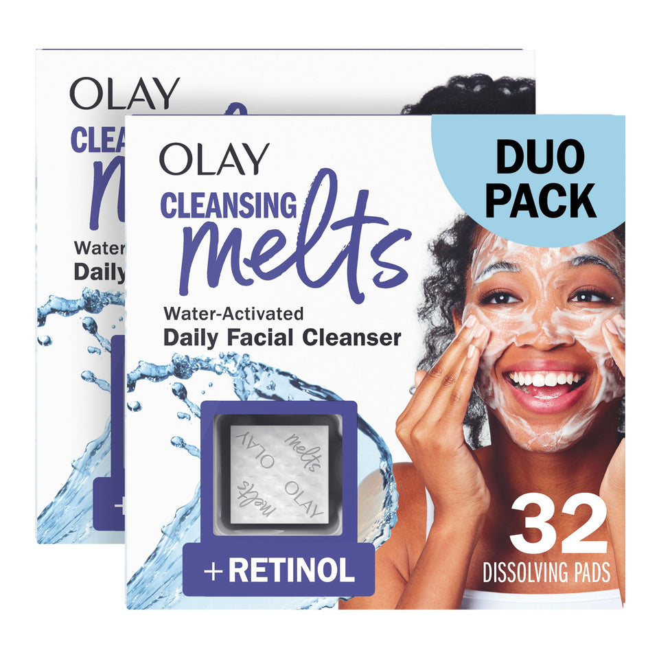 Olay cleansing melts front pack showing resealable travel-friendly design and convenience