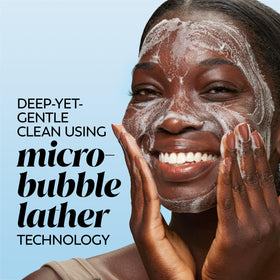 Olay close-up pad dissolving into lather demonstrating easy water activation and cleansing