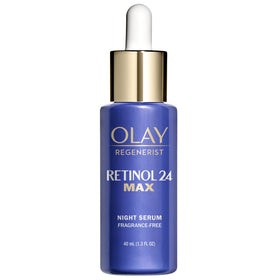 Olay pump close-up showing serum texture and quick absorption benefit