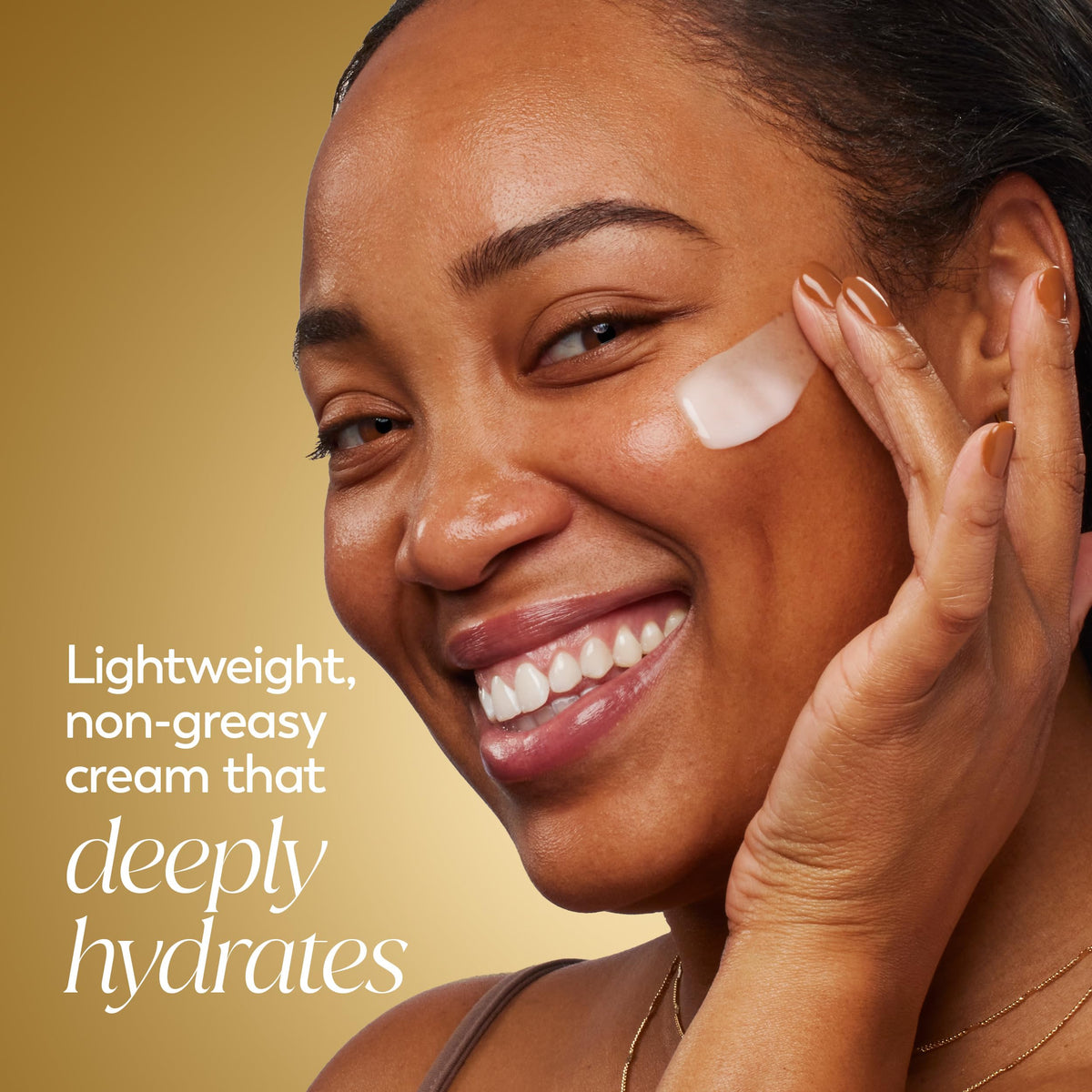 Olay cream close-up showing absorption and smooth skin finish