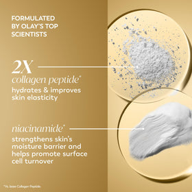 Olay product label highlighting collagen peptide and niacinamide advantages