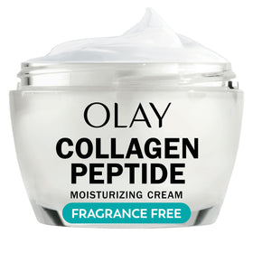 Olay Collagen Peptide front packaging showing jar and benefits