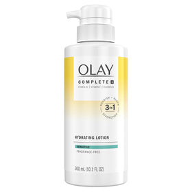 Olay Complete front packaging showing bottle and product name, clear benefit of hydration