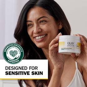 Olay cream being smoothed on model face for gentle soothing moisture