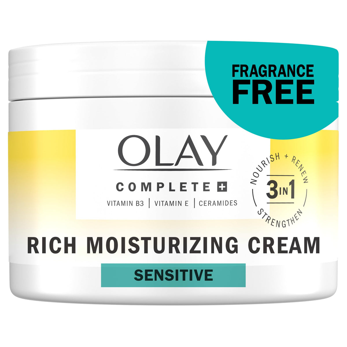 Olay jar front view showing label and clean design for everyday moisture