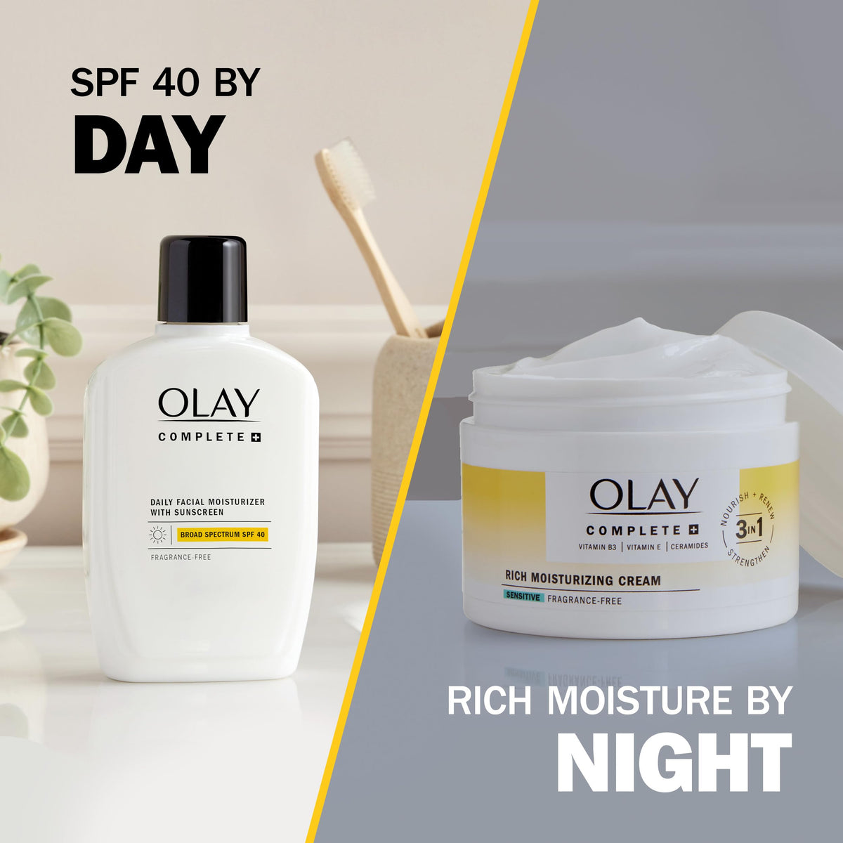 Olay jar next to hand illustrating 8.5 oz size and real-life scale