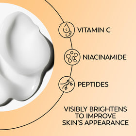 Olay ingredient label with Vitamin C and Niacinamide callouts for brightening