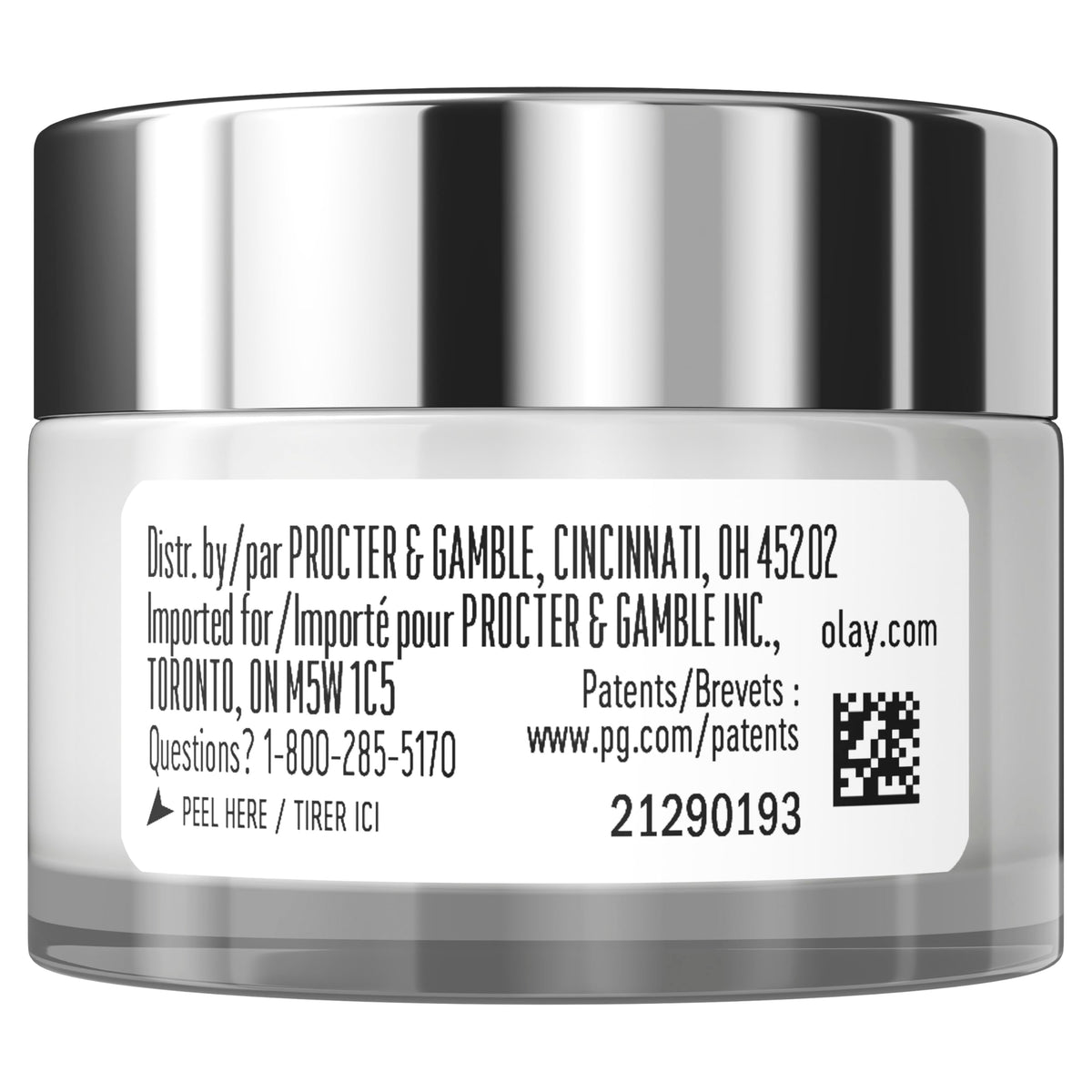 Olay label close-up of ingredients list highlighting hyaluronic acid and niacinamide benefit