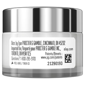 Olay label close-up of ingredients list highlighting hyaluronic acid and niacinamide benefit