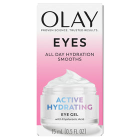 Olay eye gel on bathroom shelf in lifestyle setting suggesting daily routine convenience