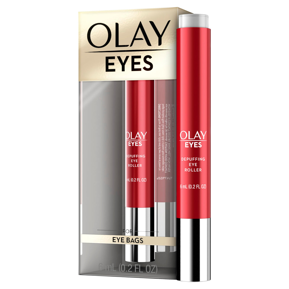 Olay eye roller front packaging showing compact applicator and benefits
