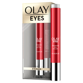 Olay eye roller front packaging showing compact applicator and benefits