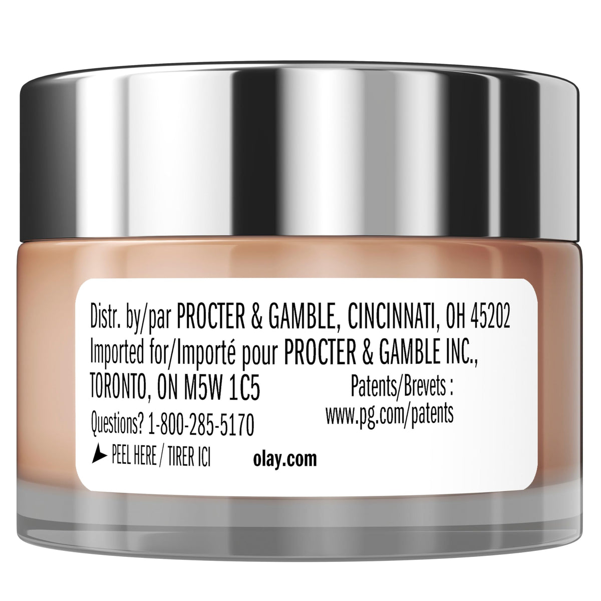 Olay open jar top view revealing opaque pink cream for immediate coverage