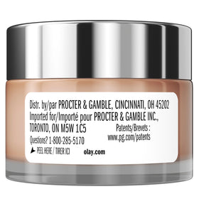 Olay open jar top view revealing opaque pink cream for immediate coverage