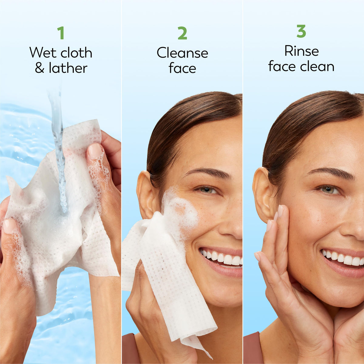 Olay wiping face and neck lifestyle image showing gentle cleansing