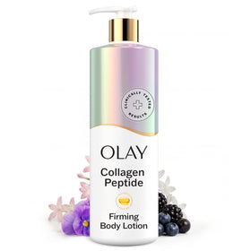 Olay firming body lotion front packaging showing brand and pump for easy use