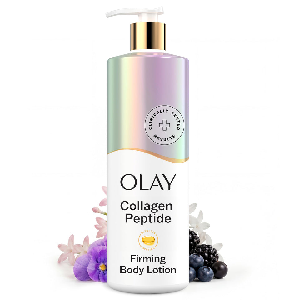 Olay firming body lotion front packaging showing brand and pump for easy use