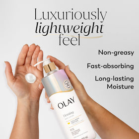Olay pump-detail close-up showing convenient dispenser and quick application benefit