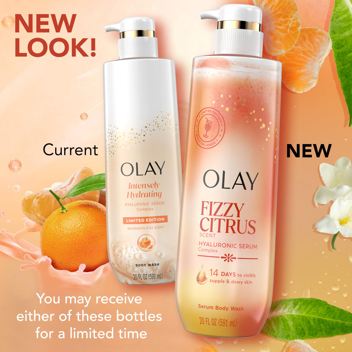 Olay scent notes display of mandarin freesia amber evoking energizing aroma
