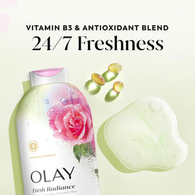 Olay 22 fl oz bottle next to a hand for scale illustrating generous size