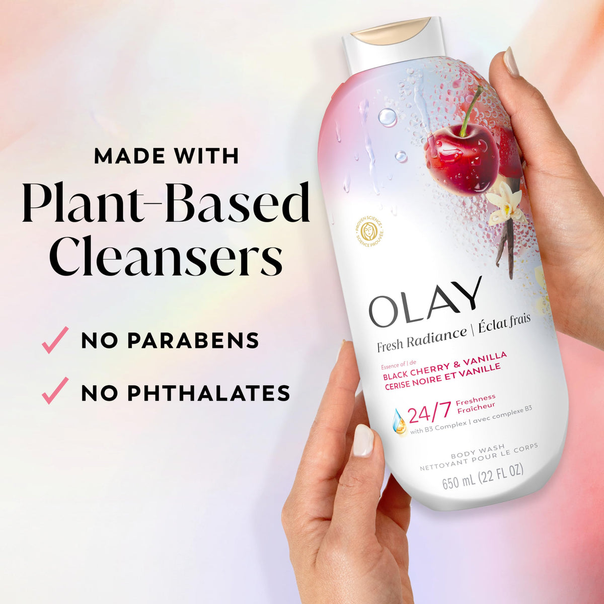 Olay 22 fl oz bottle next to a measuring cup for scale