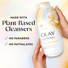 Olay 22 fl oz bottle beside common items to show size