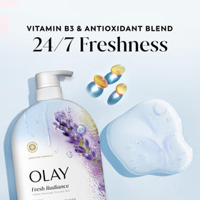 Olay 35 fl oz bottle beside a hand for size comparison and lasting value