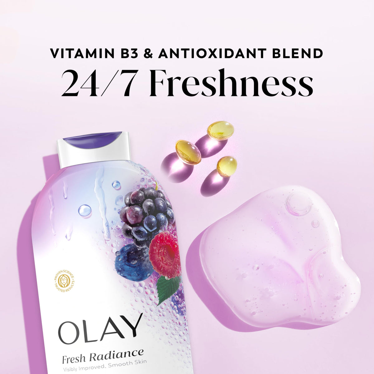 Olay Fresh Radiance label close-up highlighting vitamin B3 and plant-based cleansers