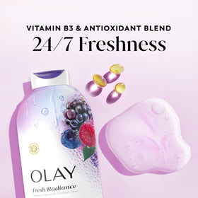 Olay Fresh Radiance label close-up highlighting vitamin B3 and plant-based cleansers