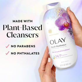 Olay bottle next to lotion illustrating paired routine and moisturized finish