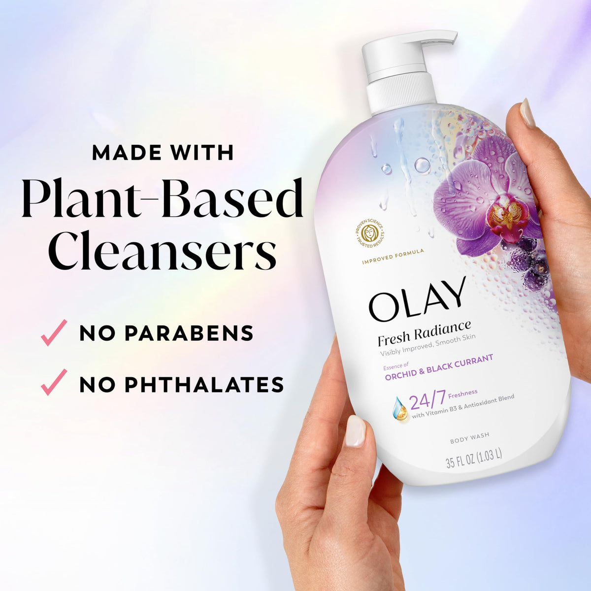 Olay bottle next to a ruler to show 35 fl oz lasting supply benefit