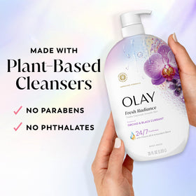 Olay bottle next to a ruler to show 35 fl oz lasting supply benefit