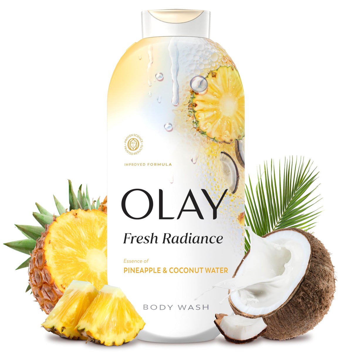 Olay bottle front view showing fresh radiance label and tropical scent benefit