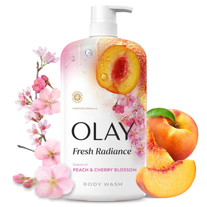 Olay Fresh Radiance front bottle view showing peach cherry scent and benefits