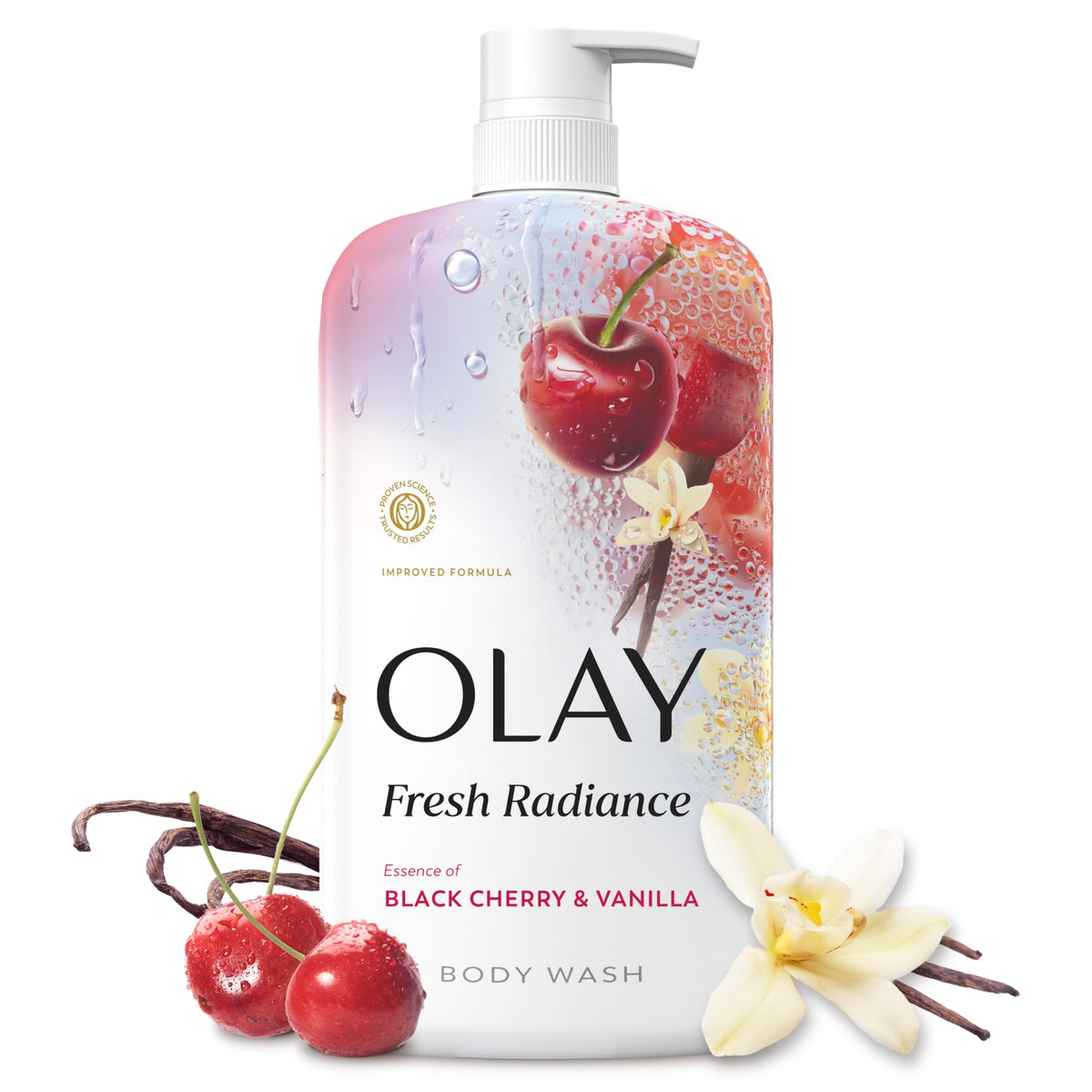 Olay front bottle showing product and scent, promoting radiant skin