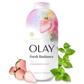 Olay bottle front view showing label and benefits, clean bright presentation