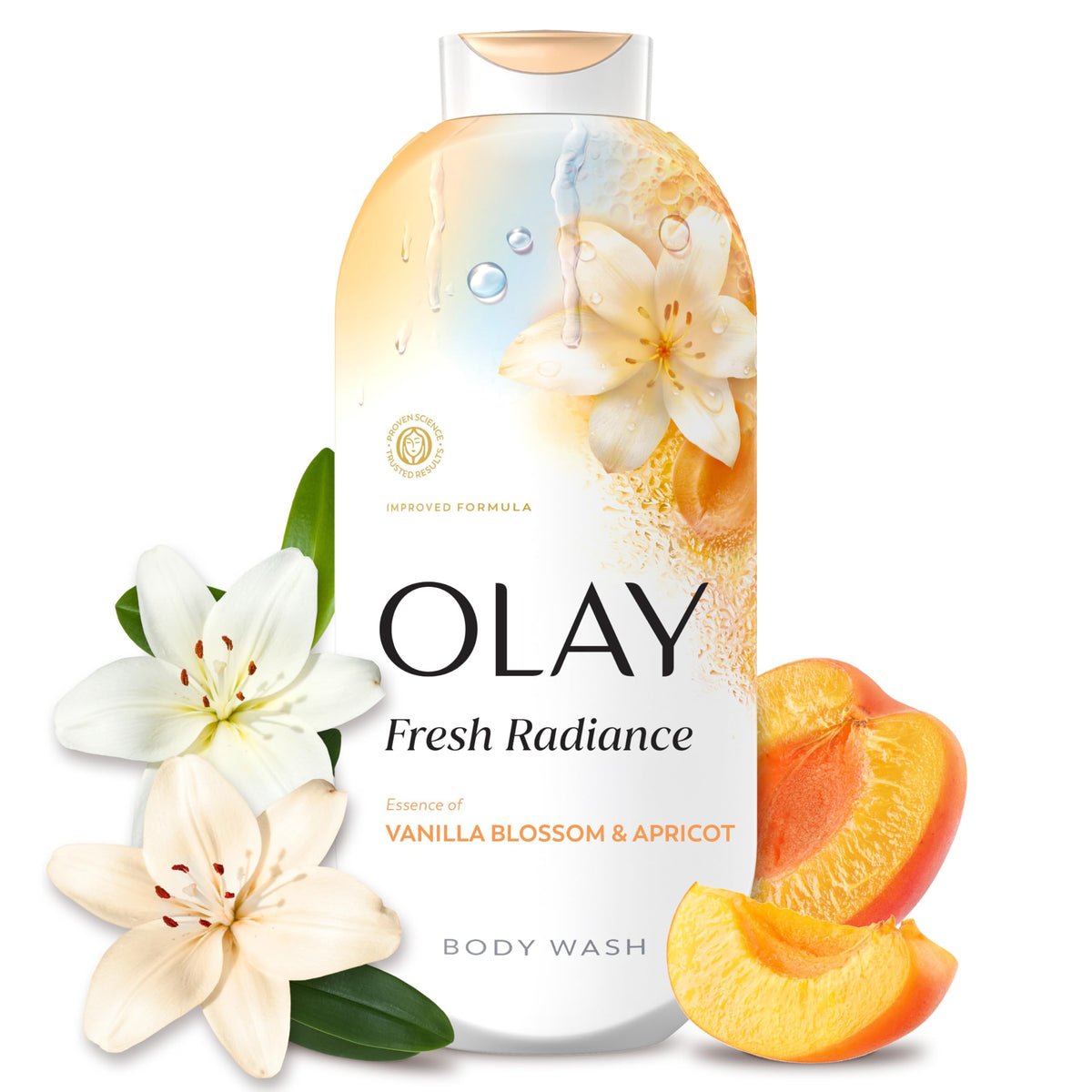 Olay bottle front view showing packaging and fragrance benefit