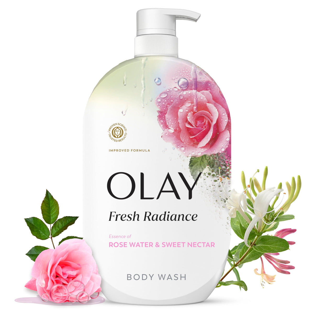 Olay front bottle showing Fresh Radiance packaging and benefits