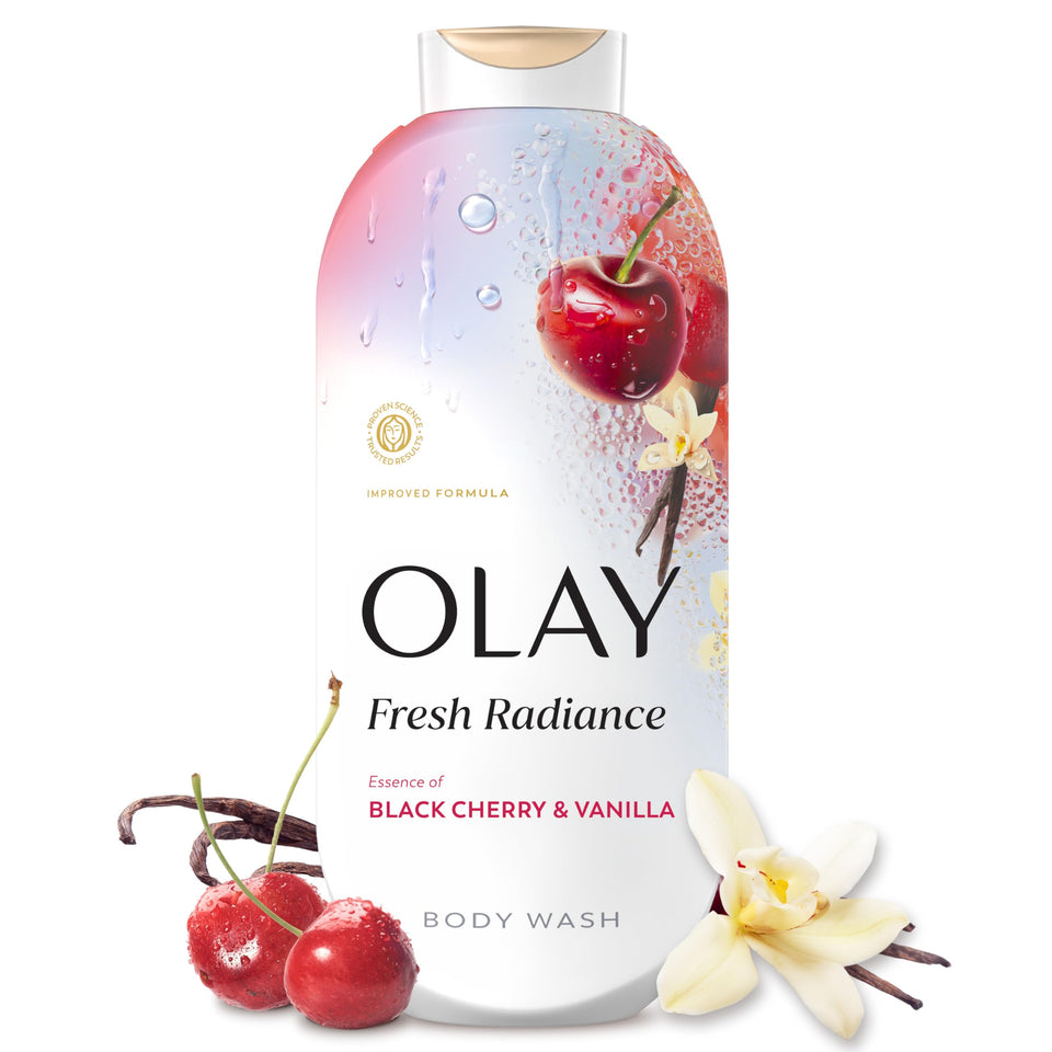 Olay bottle front view showing Fresh Radiance benefits and scent