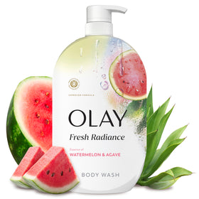 Olay bottle front label showing Fresh Radiance benefits