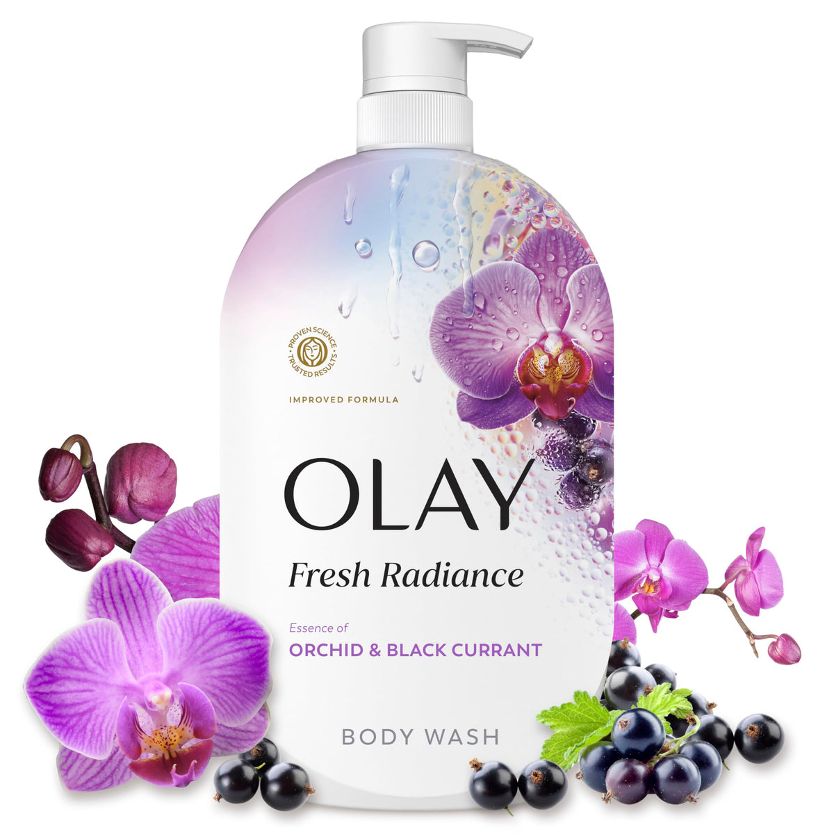 Olay front packaging showing clean label and 35 fl oz size benefit