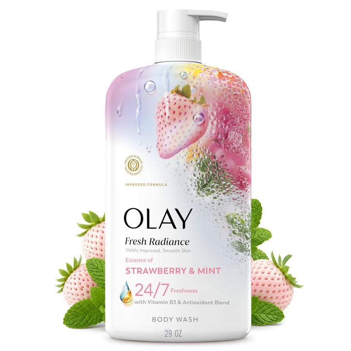 Olay bottle front packaging showing fresh radiance and scent benefits