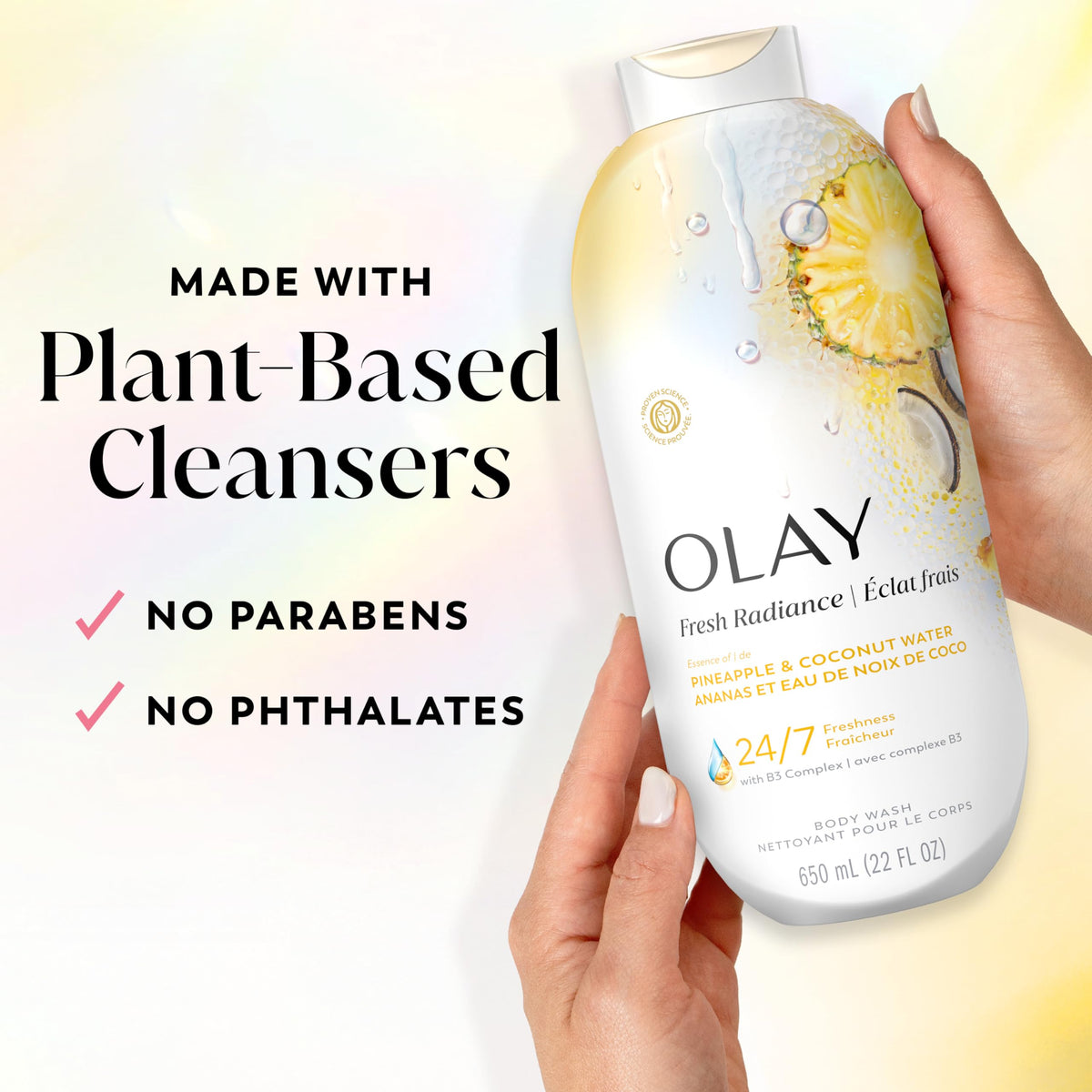 Olay body wash being applied in shower showing clean rinse and refreshing benefit